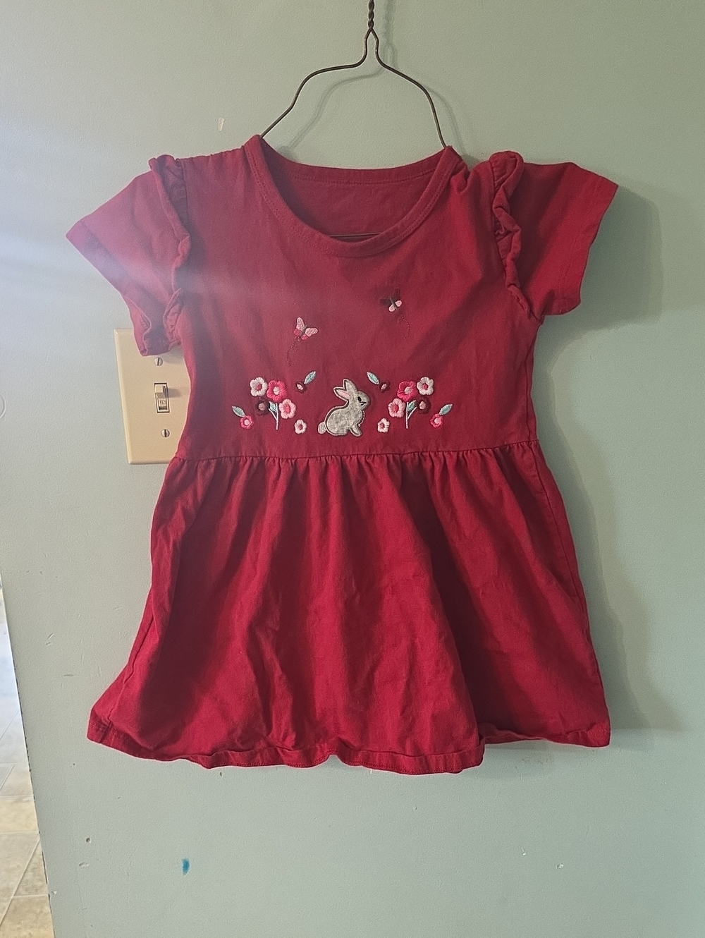 Girls Red Embroidered Bunny Cotton Dress